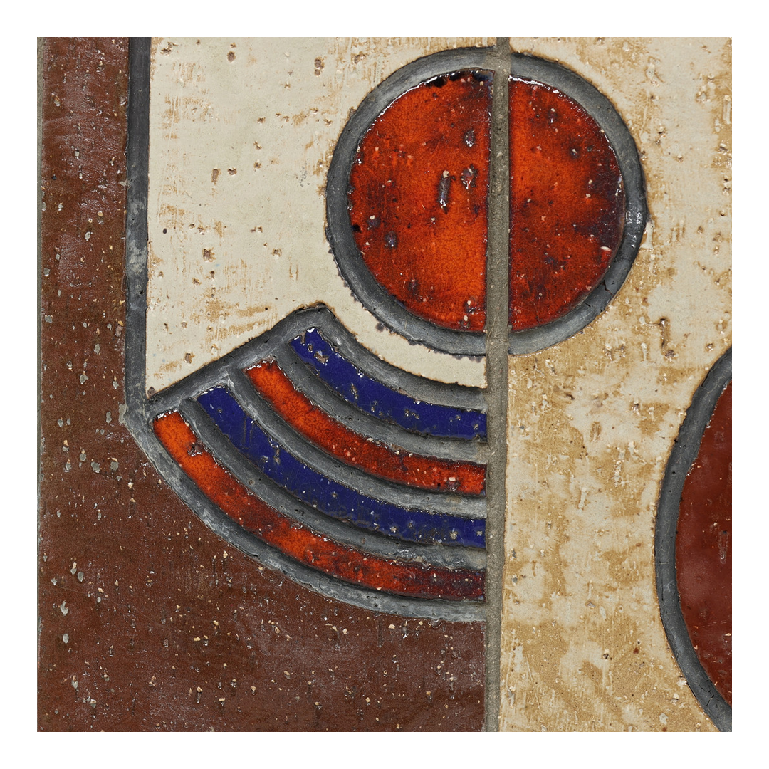 1960s Danish : geometric glazed wood mounted ceramic tile 40" wall relief