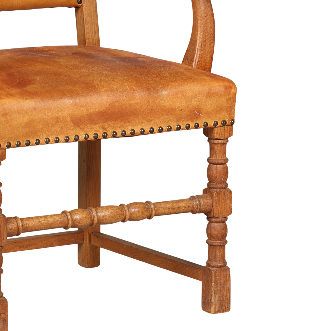 Late 1920s Swedish : 50" tall baroque style armchair w/cognac leather