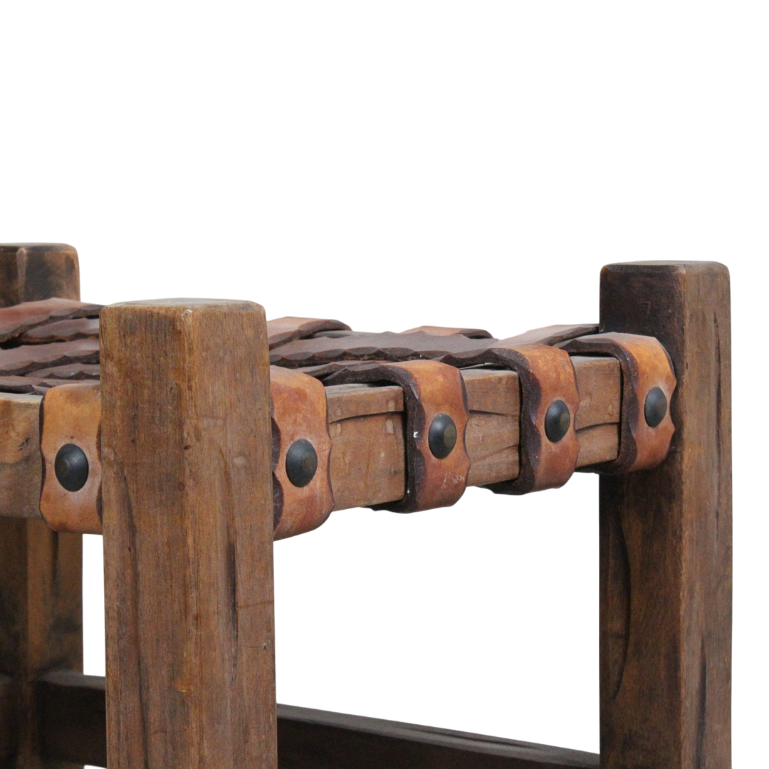 1970s Brazilian : rustic modern leather and carved wood stool