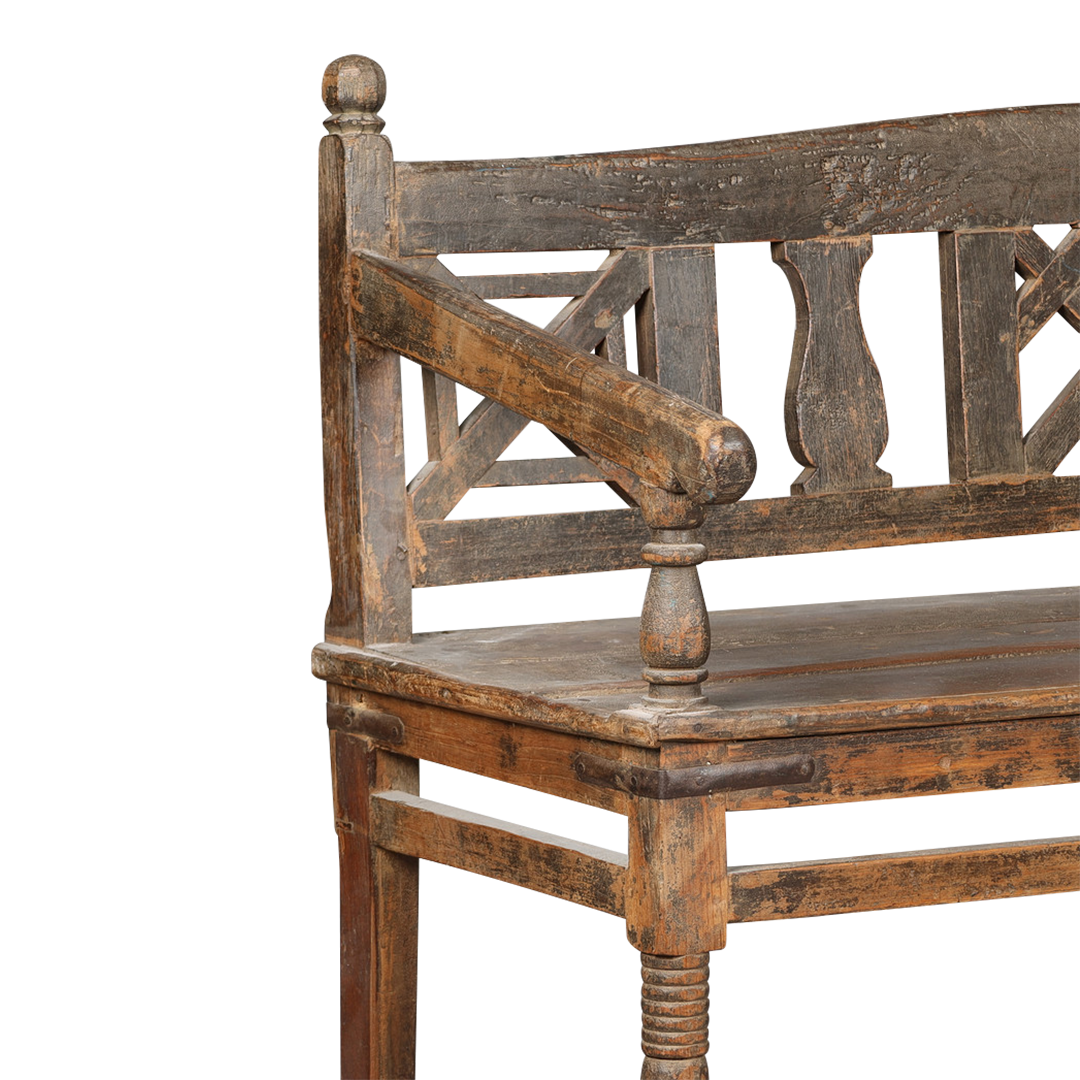 Late 19thc Swedish : 72" elmwood bench w/lattice back