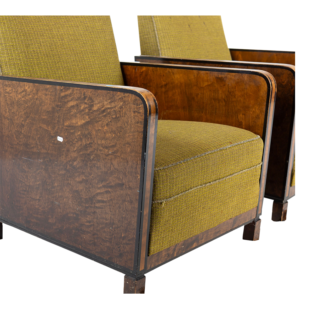 1940s European : pair post Art Deco functionalist armchairs in burl walnut