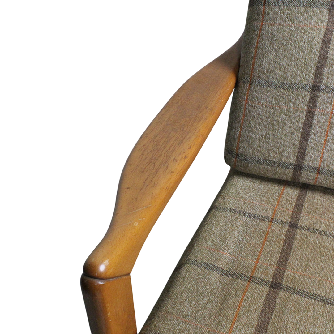 1970s Danish : solid oakwood and tweed plaid armchair