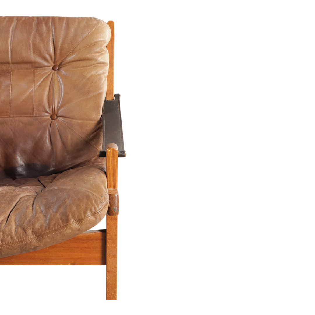 1970s Torbjørn Afdal : light leather & canvas sling "Hunter" lounge chair
