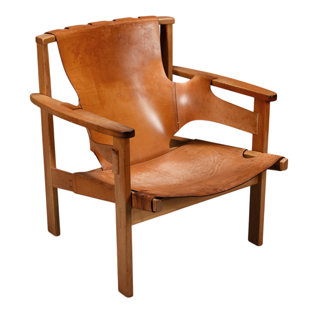 1950s Carl-Axel Acking : "Trienna" saddle leather & oak armchair