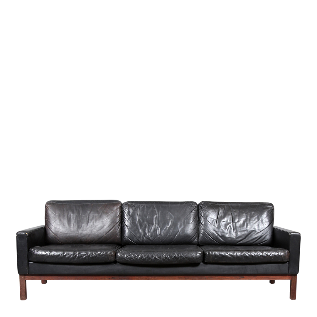 1970s Asko Finland : black leather & rosewood 3-seat sofa