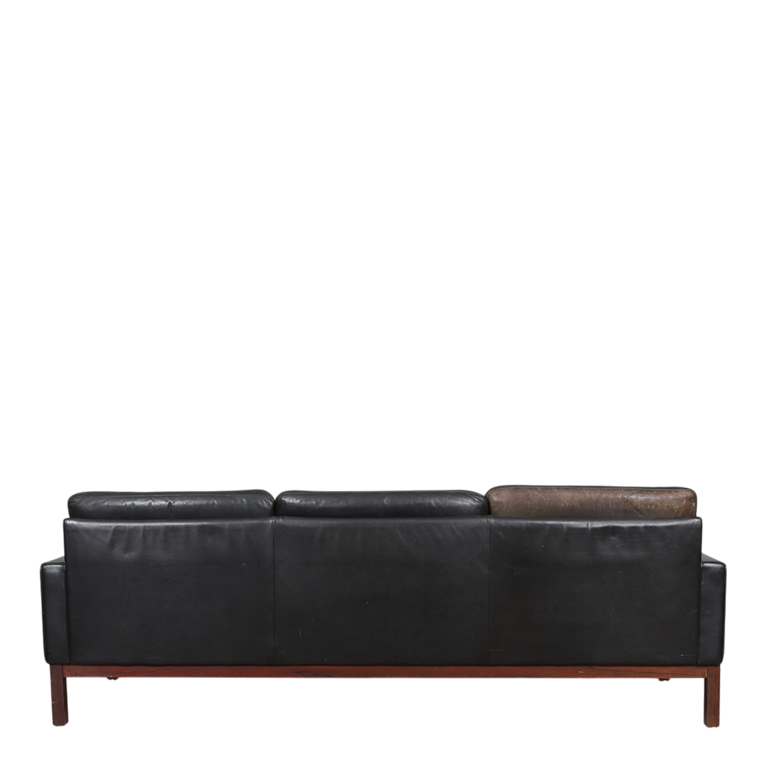 1970s Asko Finland : black leather & rosewood 3-seat sofa