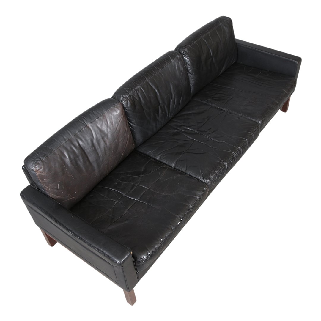 1970s Asko Finland : black leather & rosewood 3-seat sofa