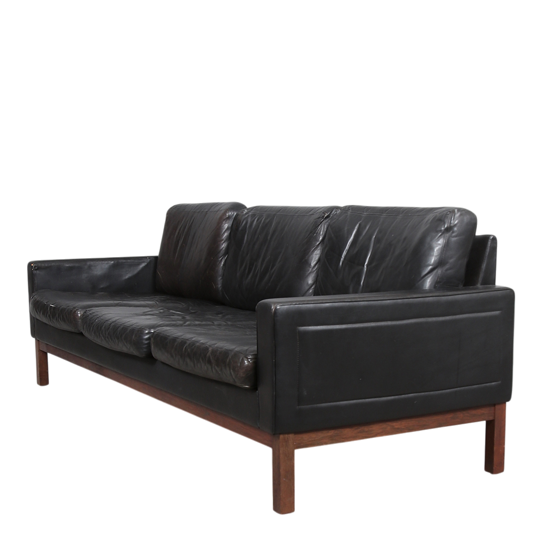 1970s Asko Finland : black leather & rosewood 3-seat sofa