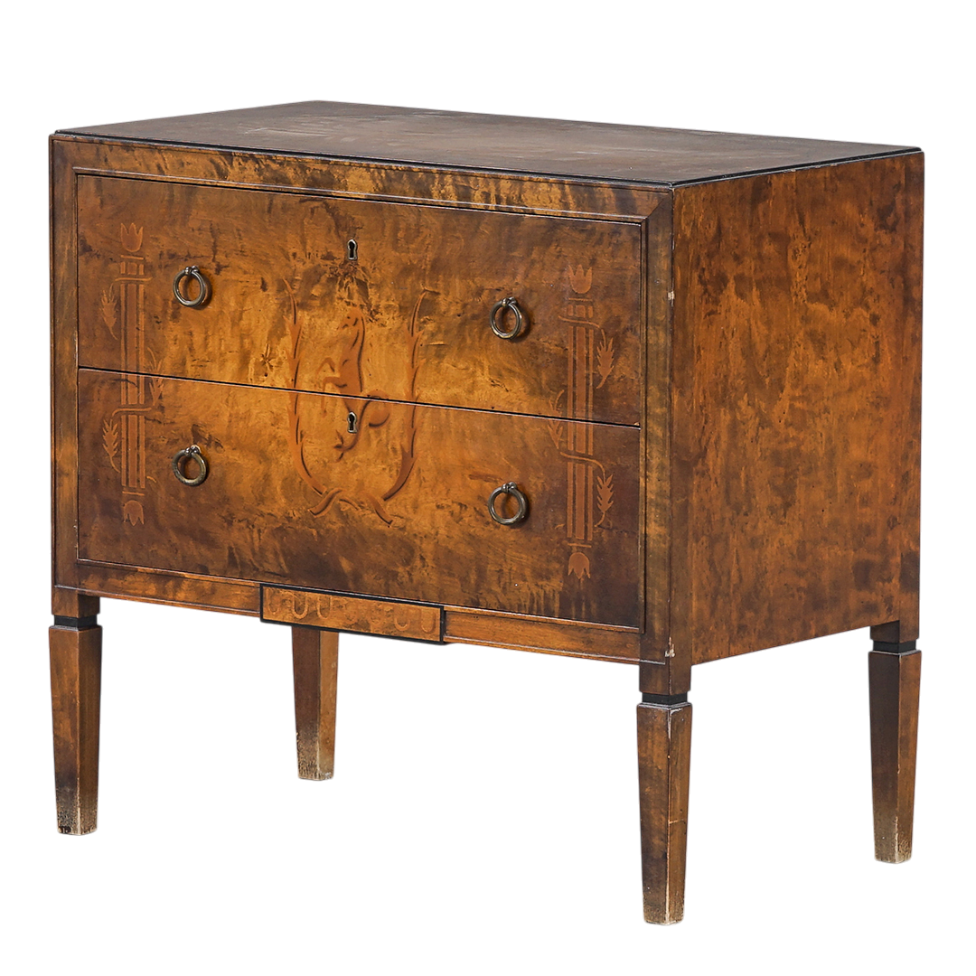 1920s Swedish Grace : exquisite Art Deco rootwood chest with intarsia