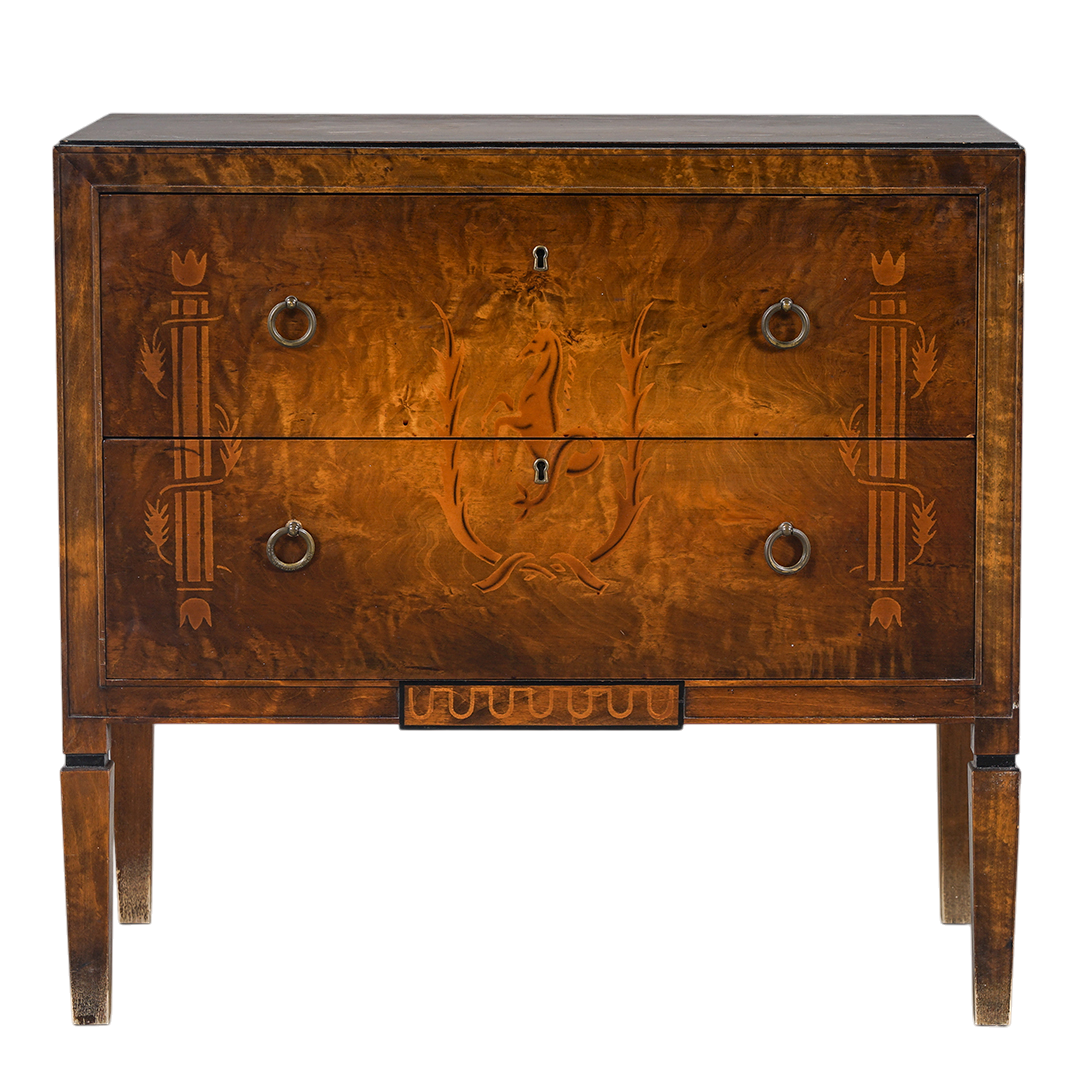 1920s Swedish Grace : exquisite Art Deco rootwood chest with intarsia