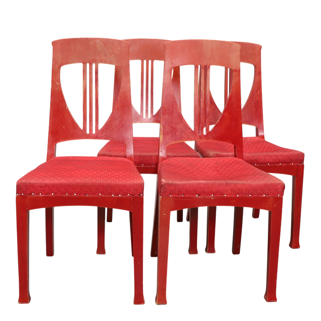 c1915 Swedish Grace : set of four red painted Art Nouveau side chairs
