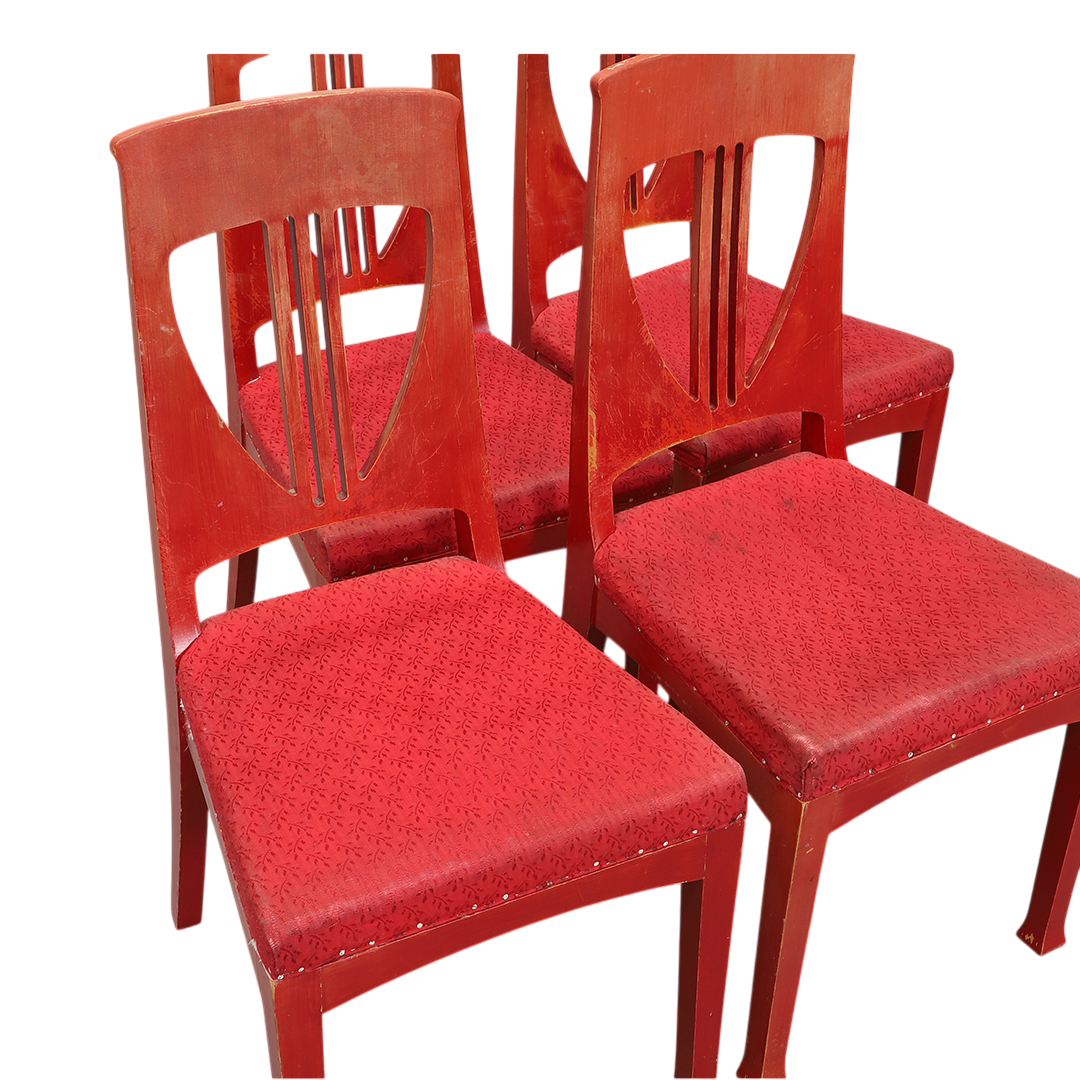 c1915 Swedish Grace : set of four red painted Art Nouveau side chairs
