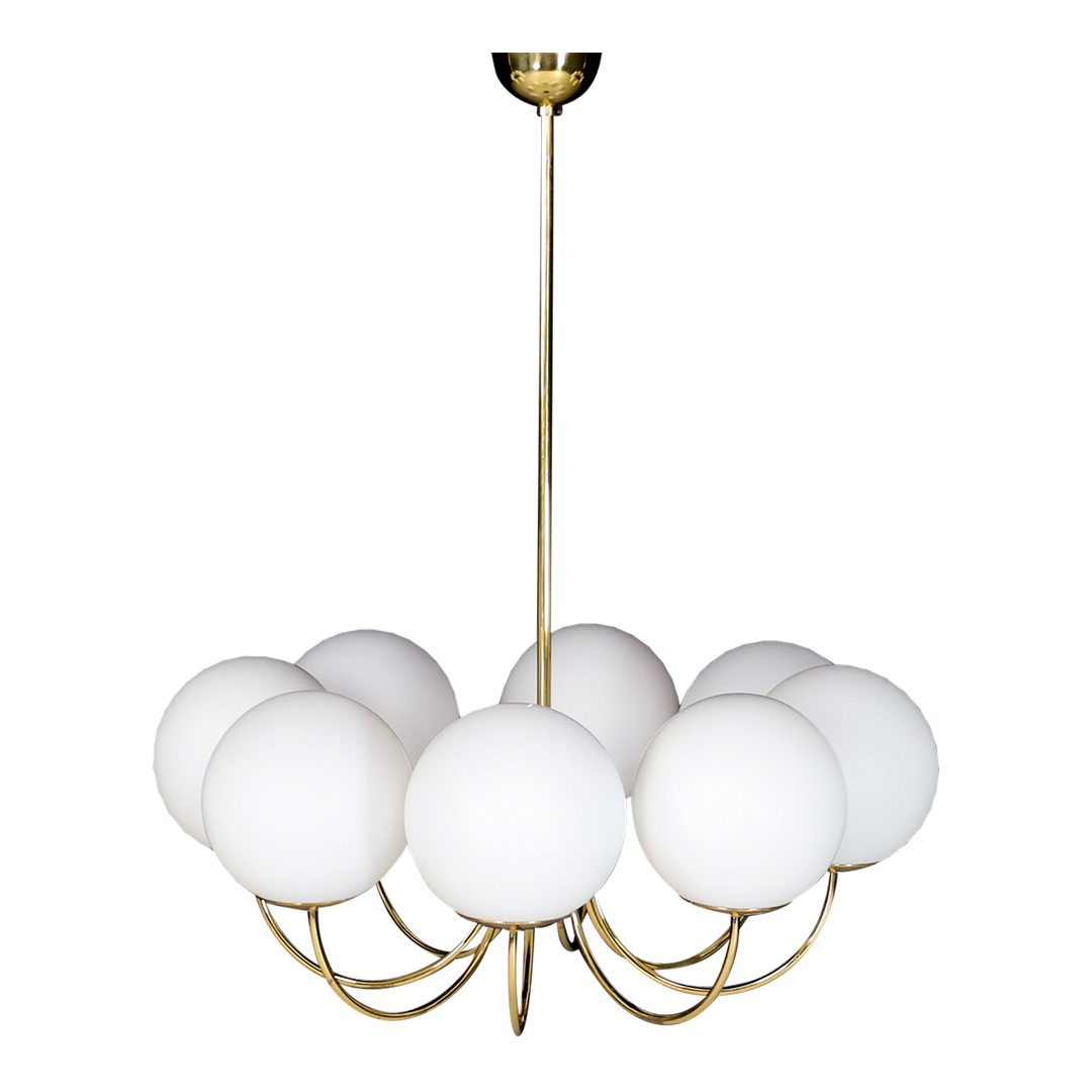 Late 20thc European : eight arm 35" opaline glass & brass chandelier