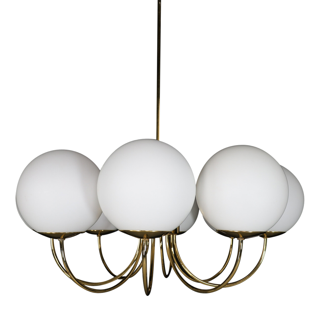 Late 20thc European : eight arm 35" opaline glass & brass chandelier
