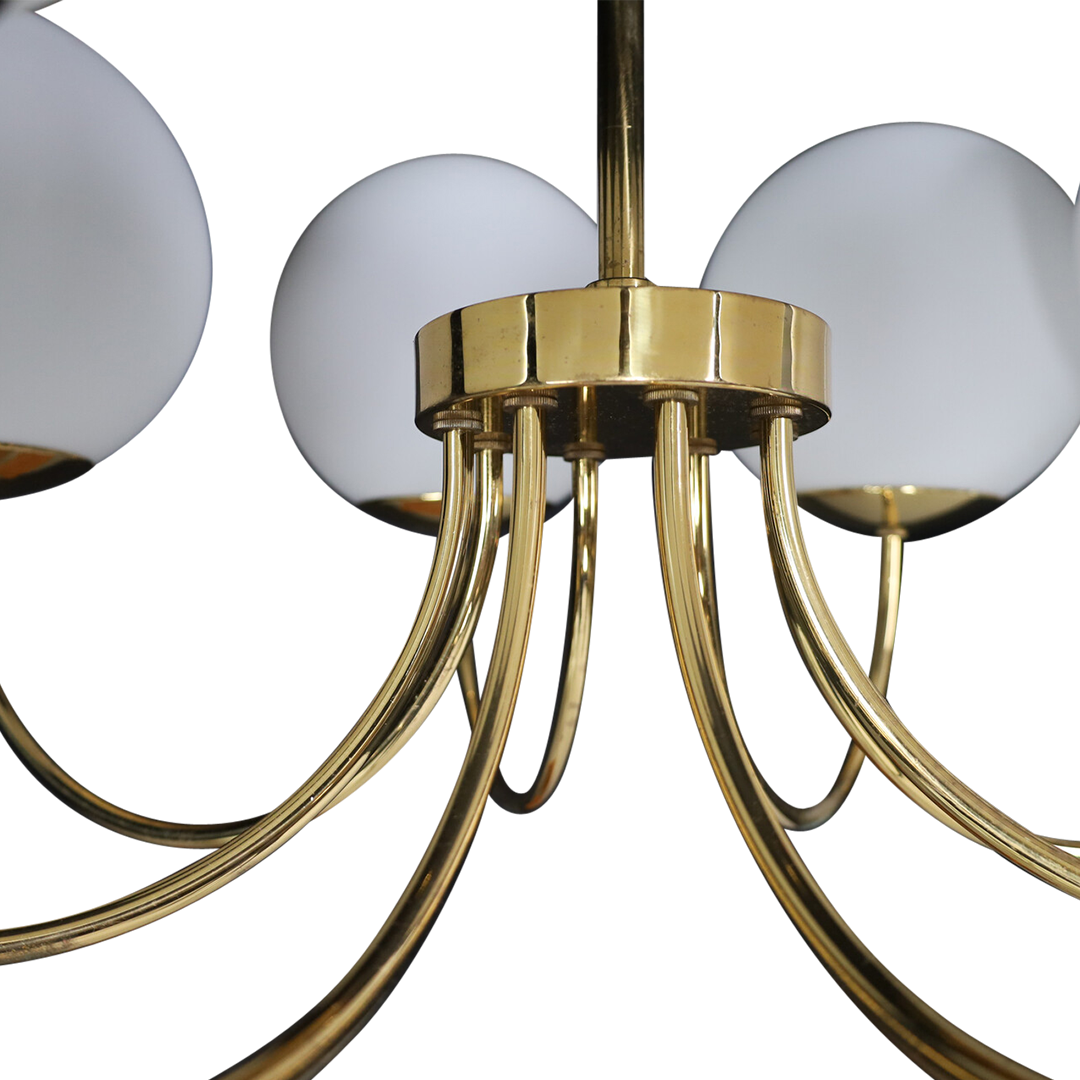 Late 20thc European : eight arm 35" opaline glass & brass chandelier