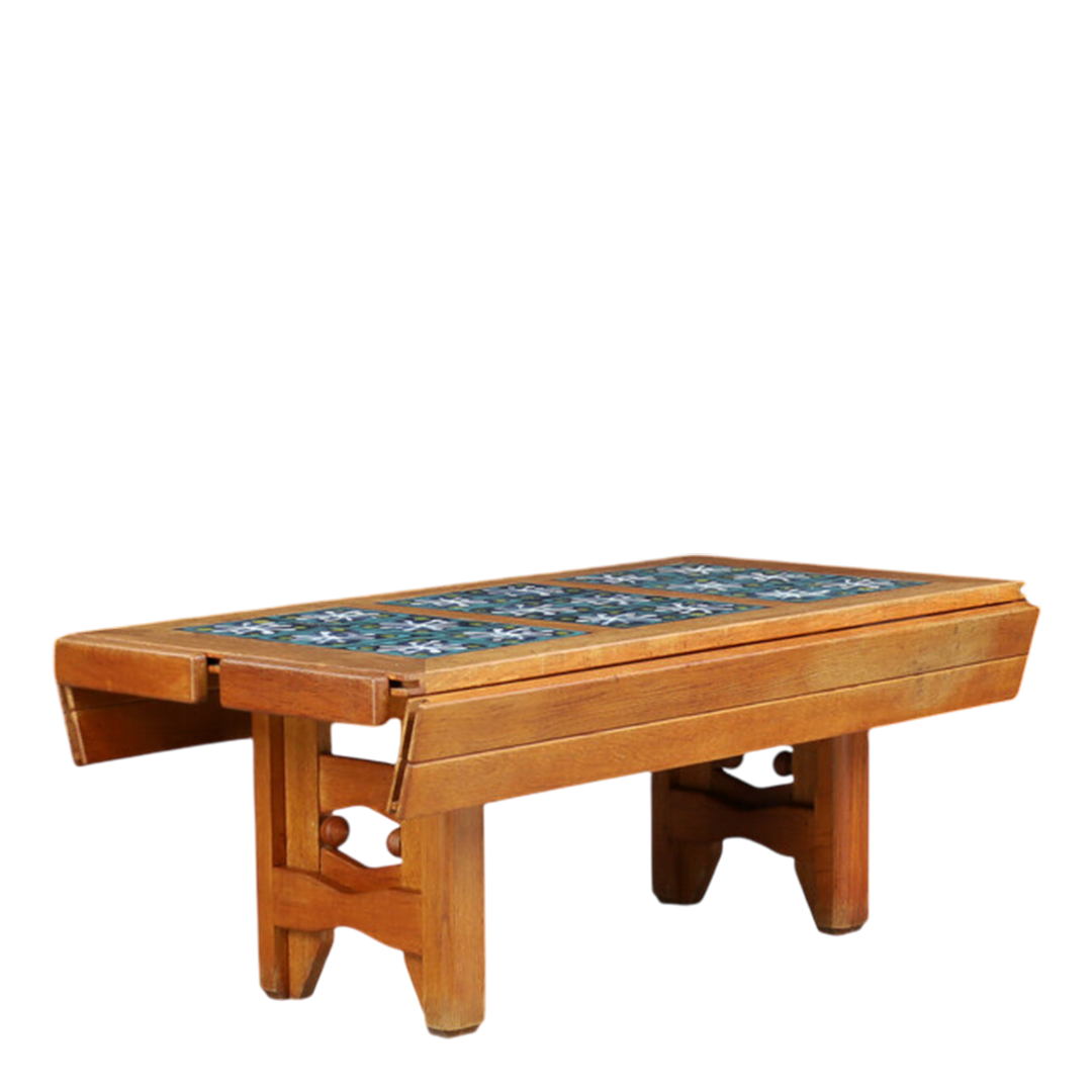 1950s Guillerme Et Chambron : oak and tile top extendable coffee table