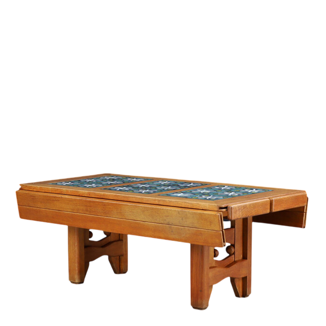 1950s Guillerme Et Chambron : oak and tile top extendable coffee table