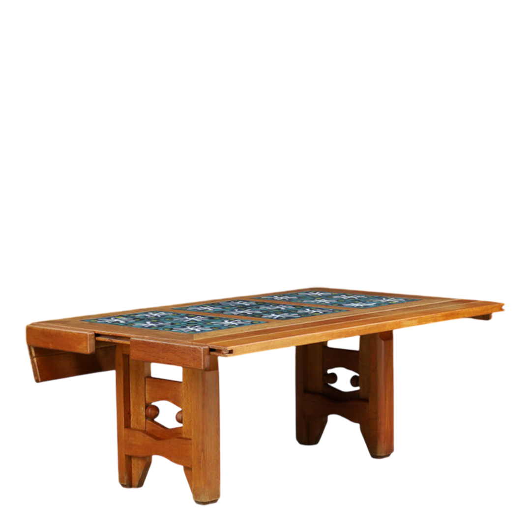 1950s Guillerme Et Chambron : oak and tile top extendable coffee table