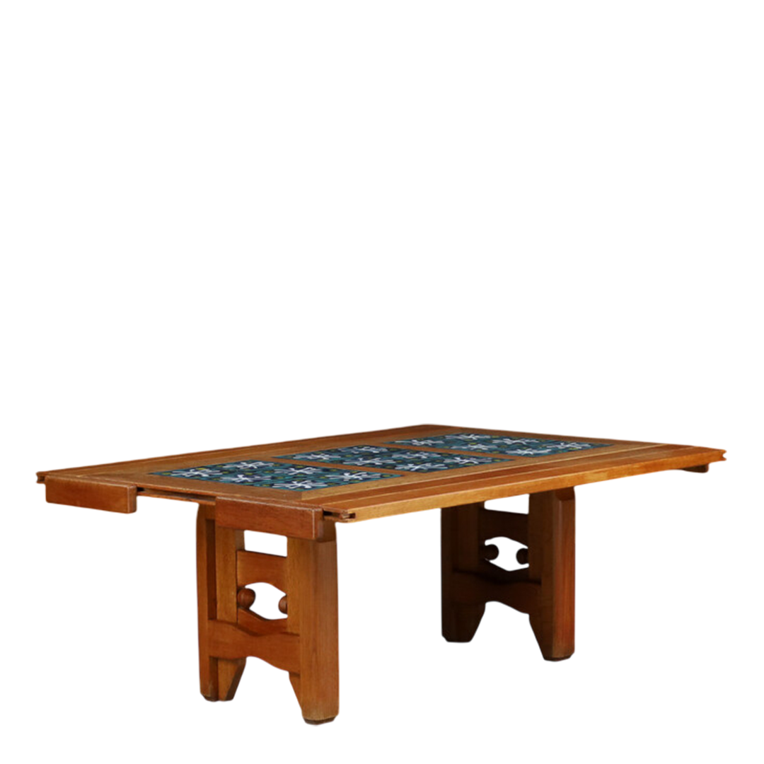 1950s Guillerme Et Chambron : oak and tile top extendable coffee table