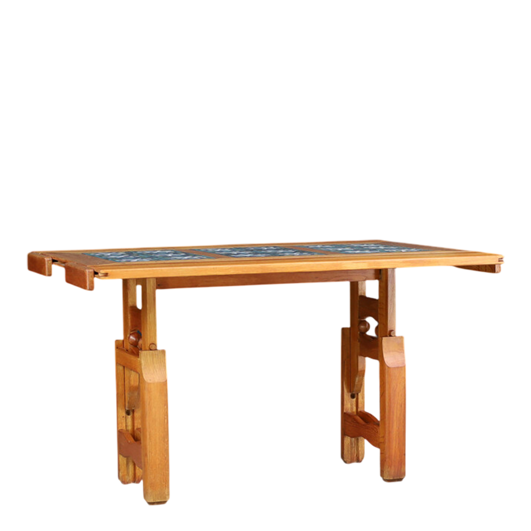 1950s Guillerme Et Chambron : oak and tile top extendable coffee table