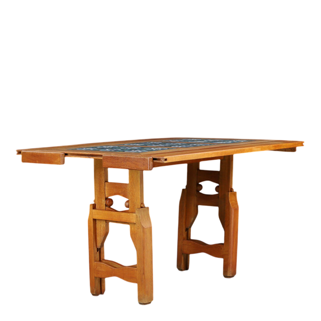 1950s Guillerme Et Chambron : oak and tile top extendable coffee table
