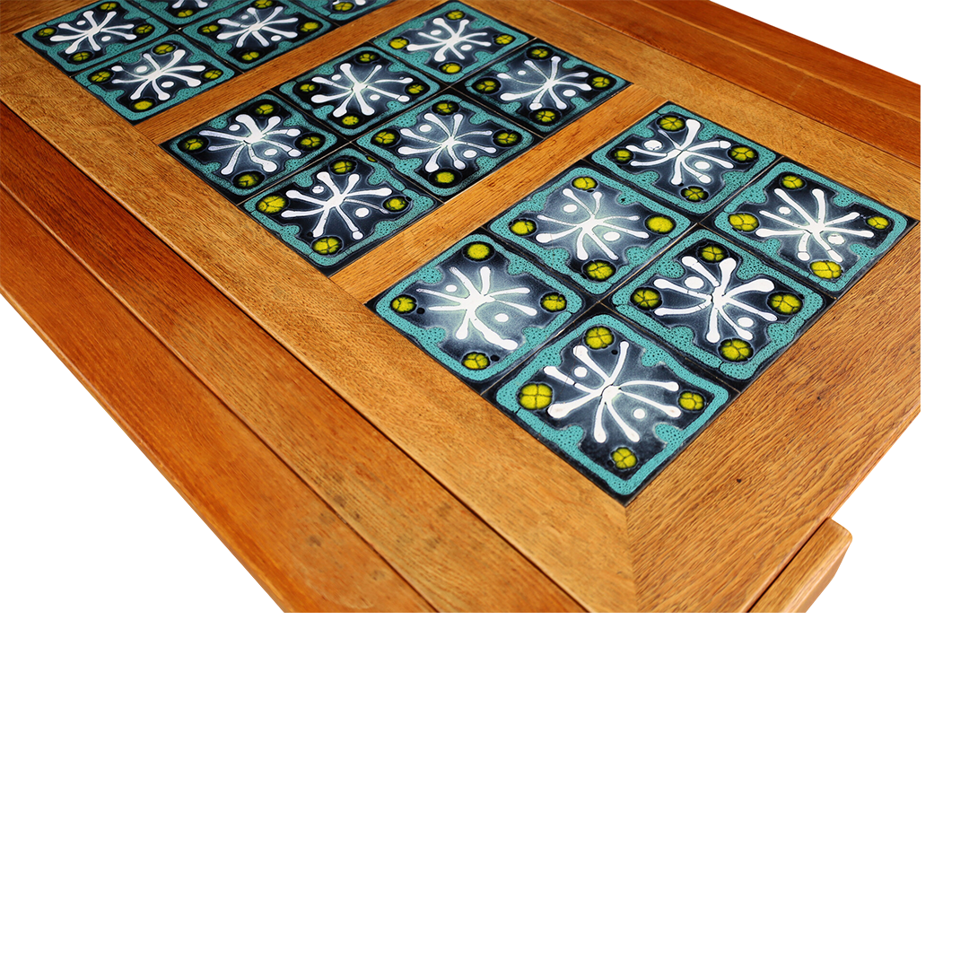 1950s Guillerme Et Chambron : oak and tile top extendable coffee table