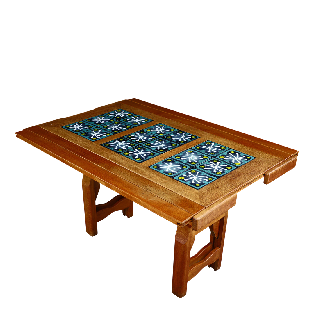 1950s Guillerme Et Chambron : oak and tile top extendable coffee table