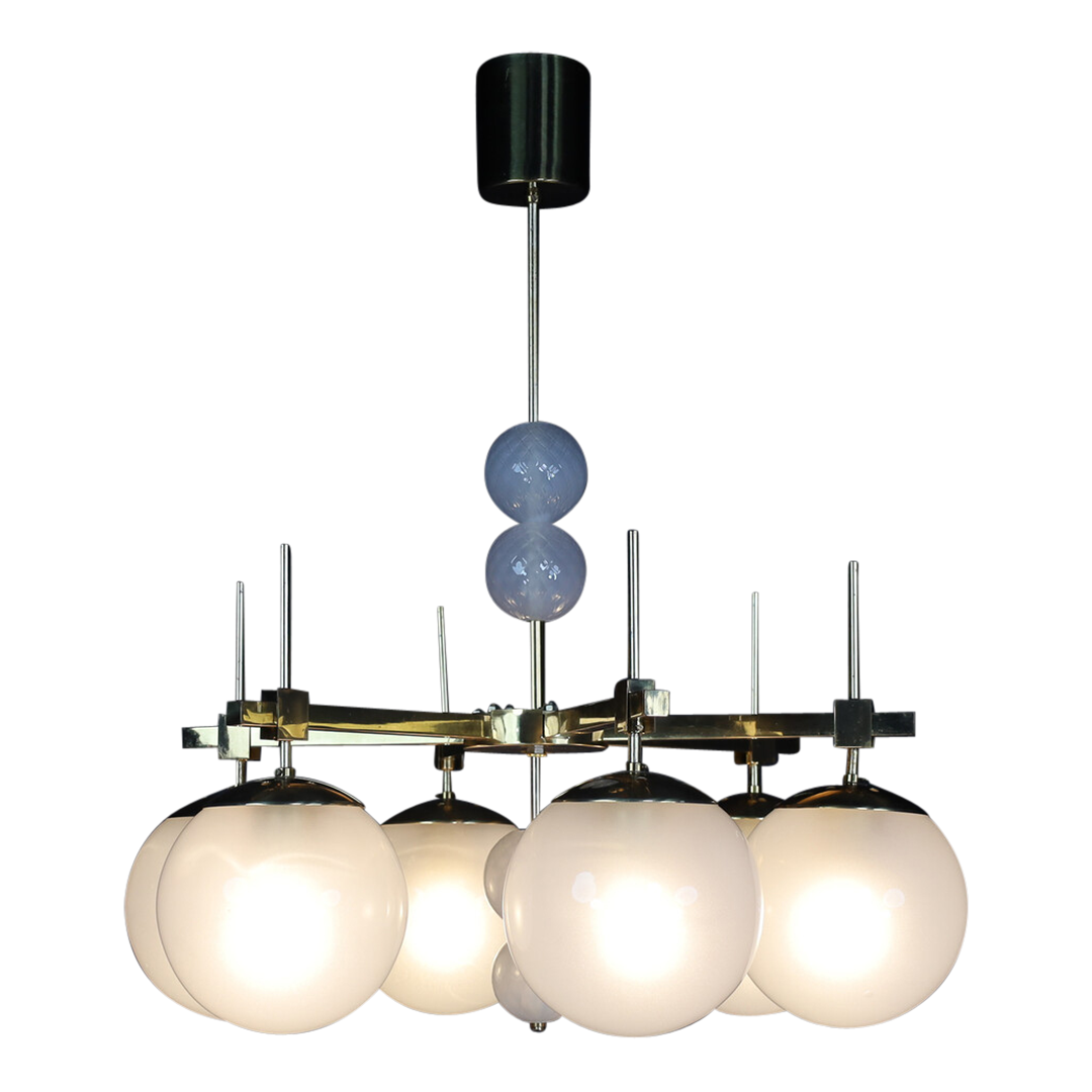 1970s European Hotel : six frosted globe & brass chandelier