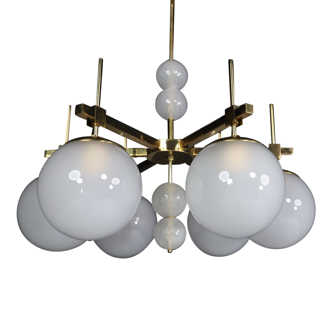 1970s European Hotel : six frosted globe & brass chandelier