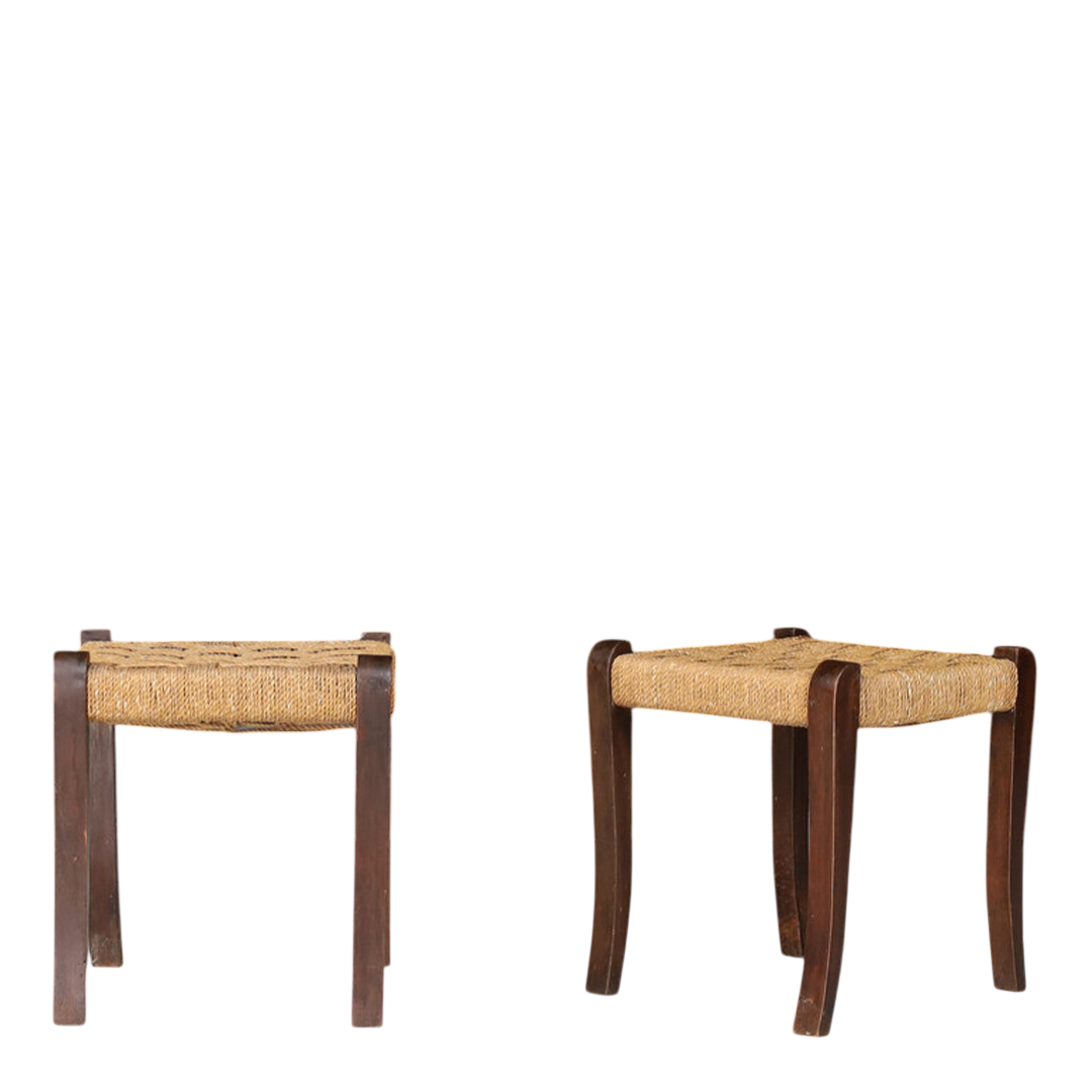 1950s Italian : sculpted bentwood stool w/ woven cord seat