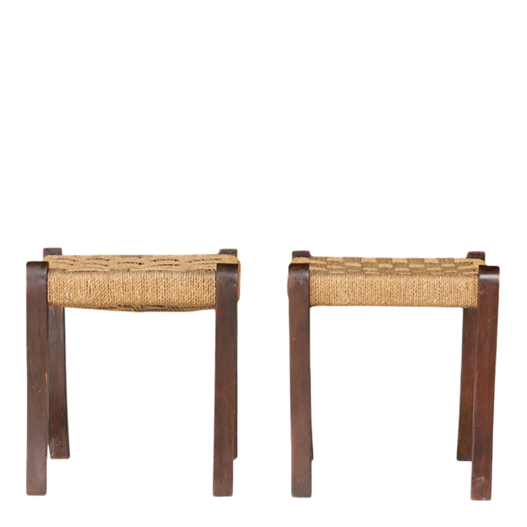 1950s Italian : sculpted bentwood stool w/ woven cord seat