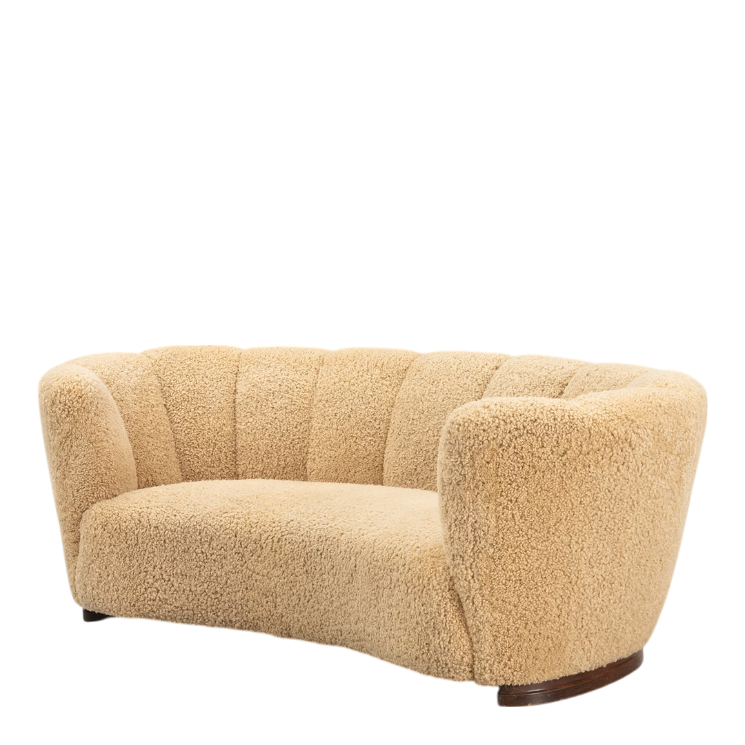 1930s Danish : classic 3-seat curved sofa, natural sheepskin