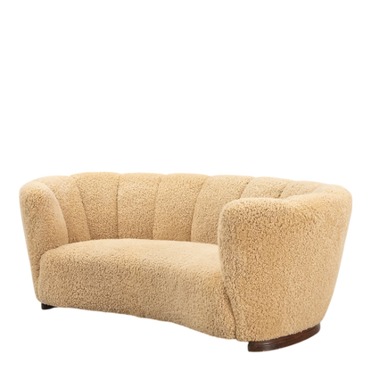 1930s Danish : classic 3-seat curved sofa, natural sheepskin