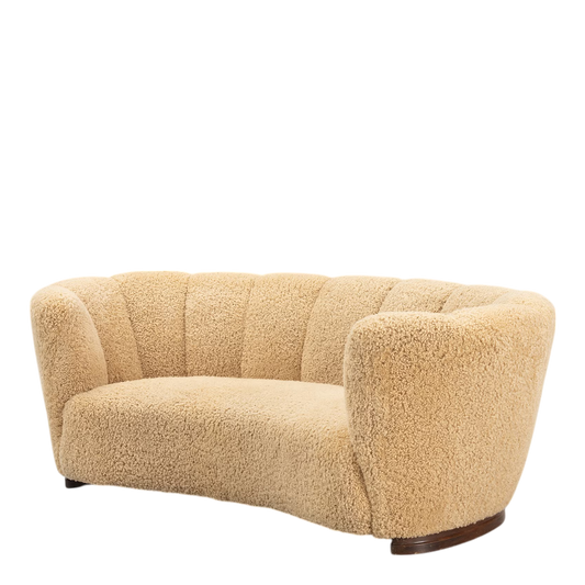 1930s Danish : classic 3-seat curved sofa, natural sheepskin