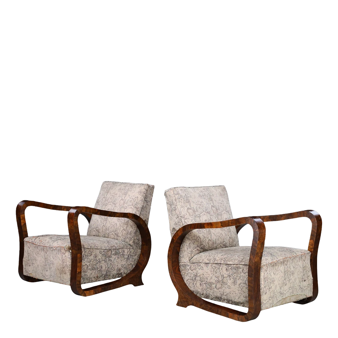 Pair 1930 Czech : burl walnut continuous arm club chairs, Prague
