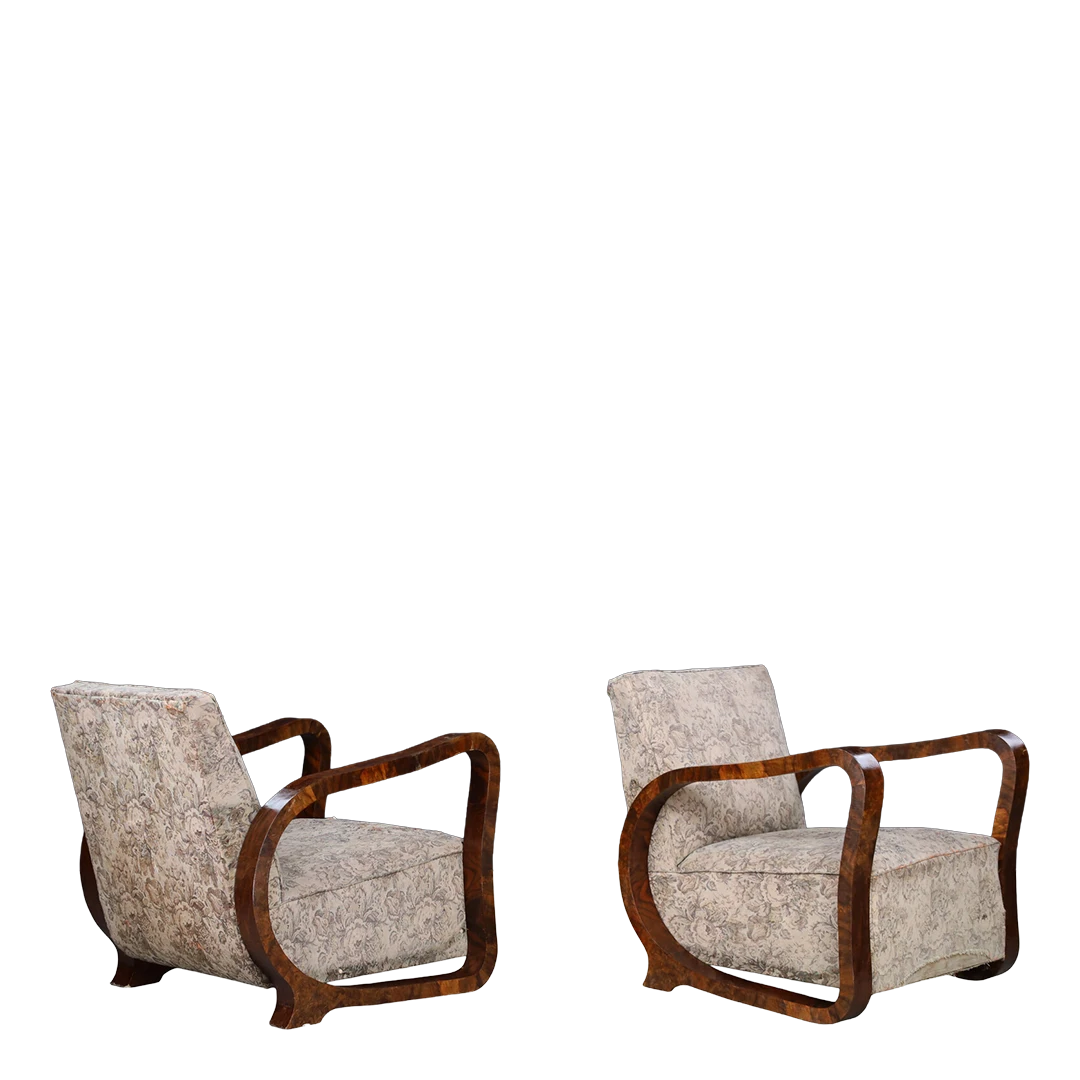 Pair 1930 Czech : burl walnut continuous arm club chairs, Prague