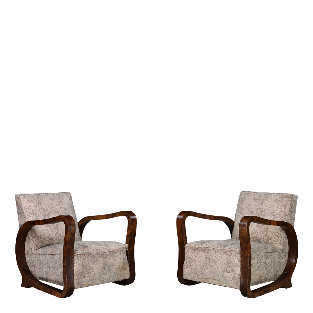 Pair 1930 Czech : burl walnut continuous arm club chairs, Prague