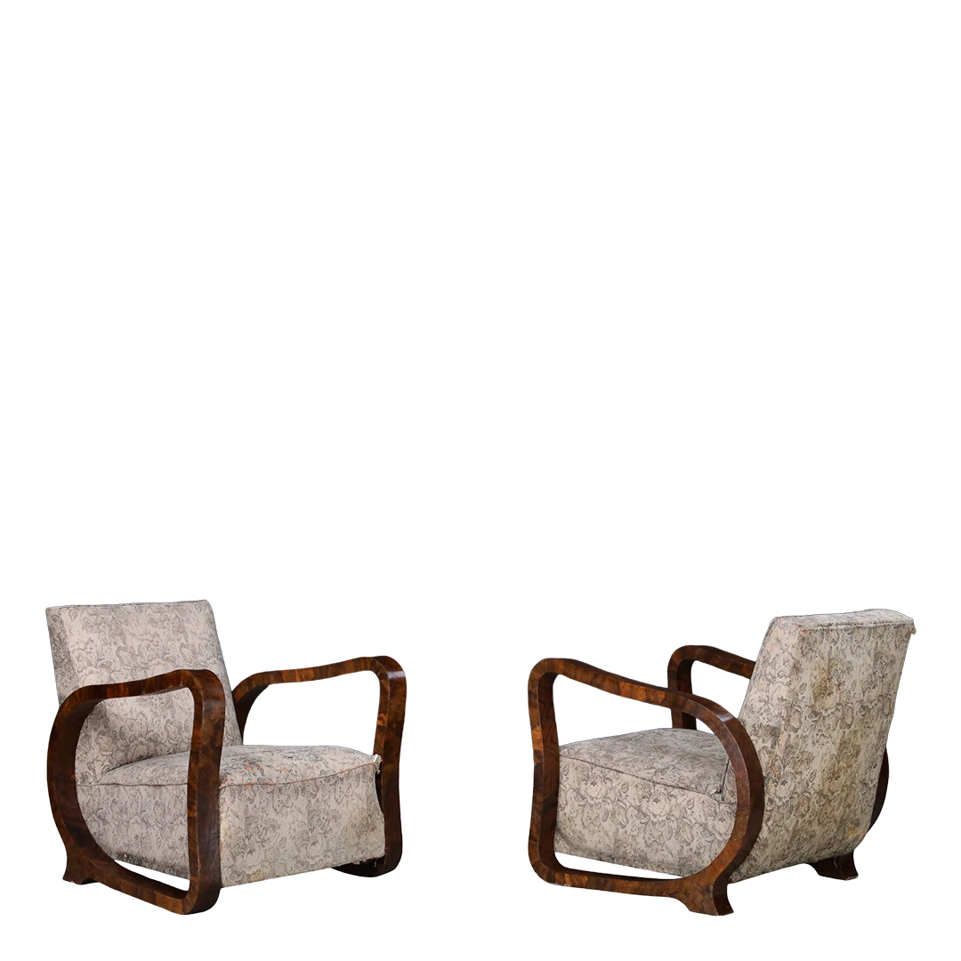 Pair 1930 Czech : burl walnut continuous arm club chairs, Prague