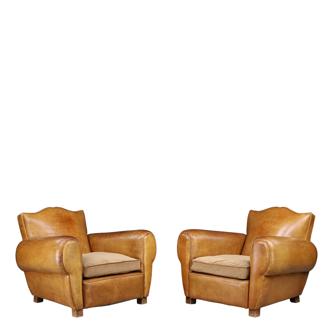 1950s French : pair of light cognac leather "Moustache" club chairs