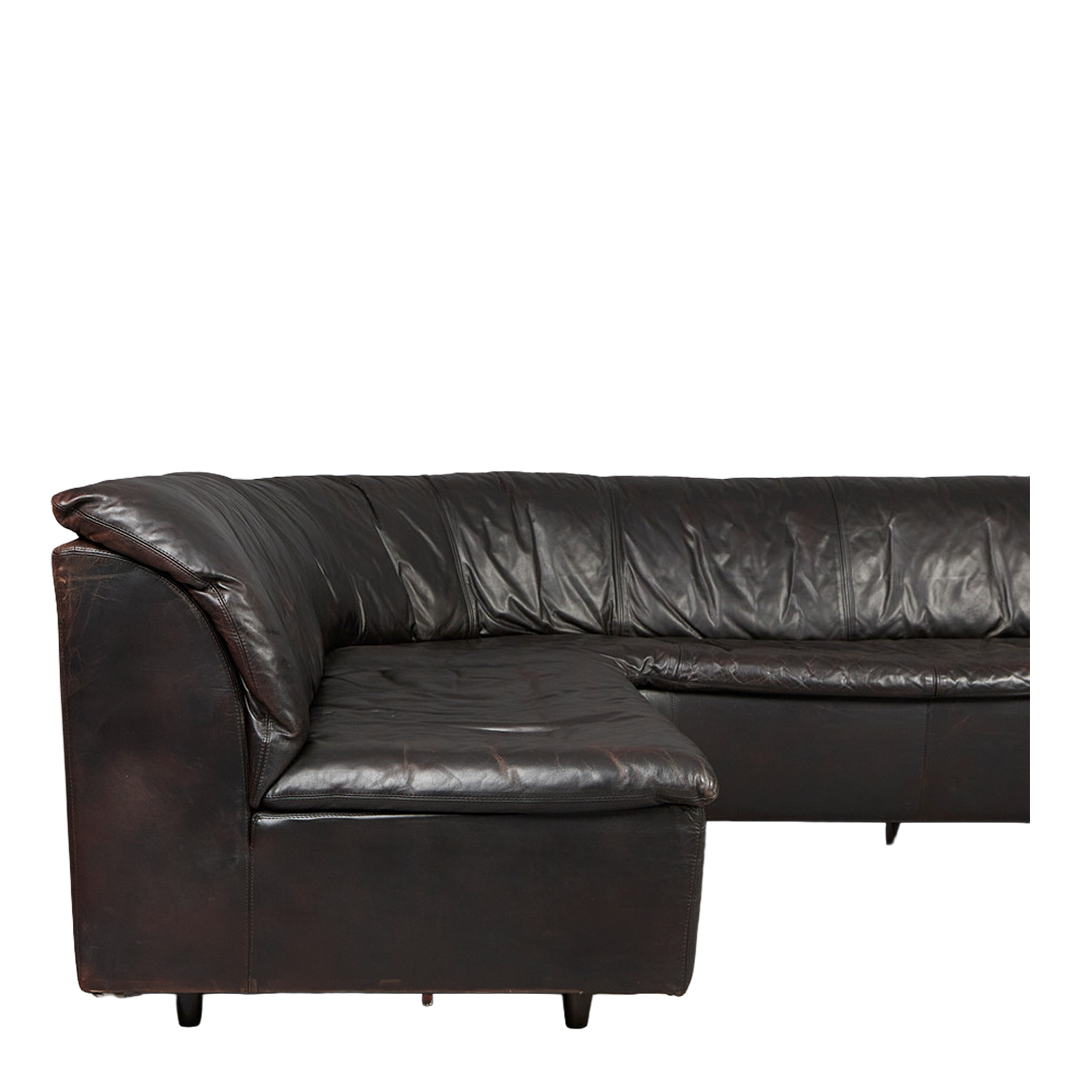 1970s Hans Kaufeld : six piece black leather sectional sofa & lounge chair