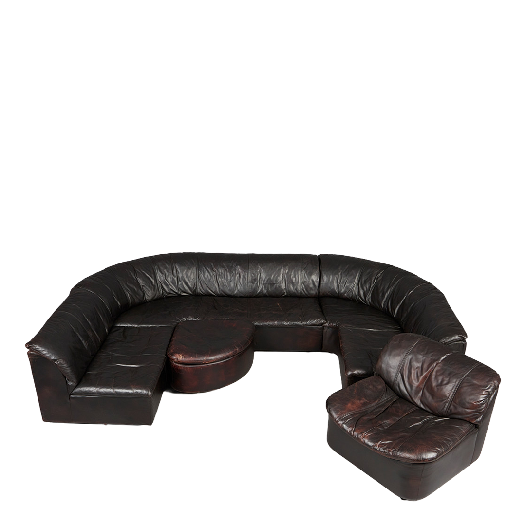 1970s Hans Kaufeld : six piece black leather sectional sofa & lounge chair