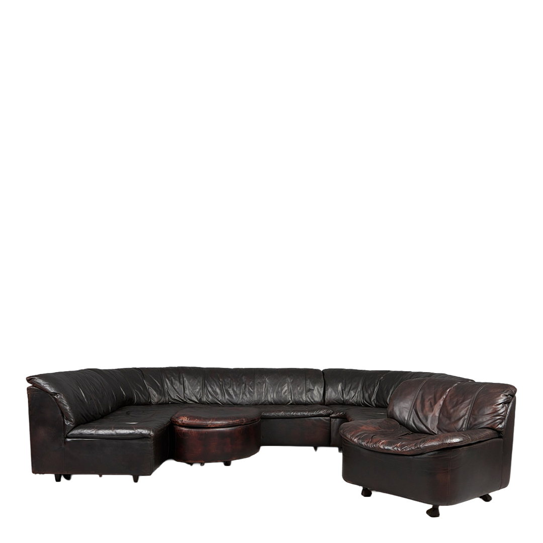 1970s Hans Kaufeld : six piece black leather sectional sofa & lounge chair
