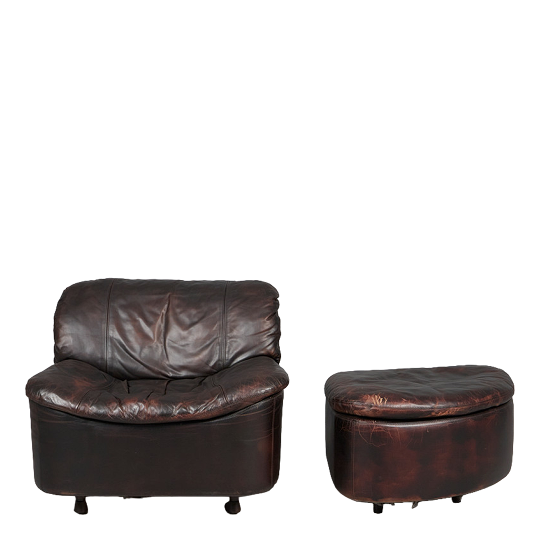 1970s Hans Kaufeld : six piece black leather sectional sofa & lounge chair