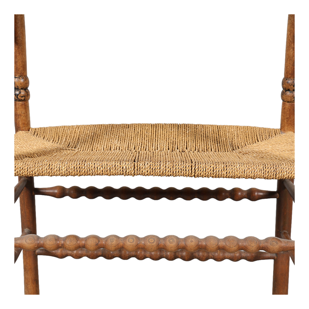 20thc English Style : generous carved wood & rush bobbin bench