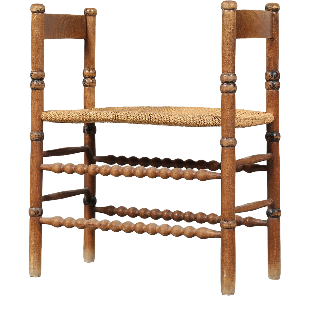 20thc English Style : generous carved wood & rush bobbin bench