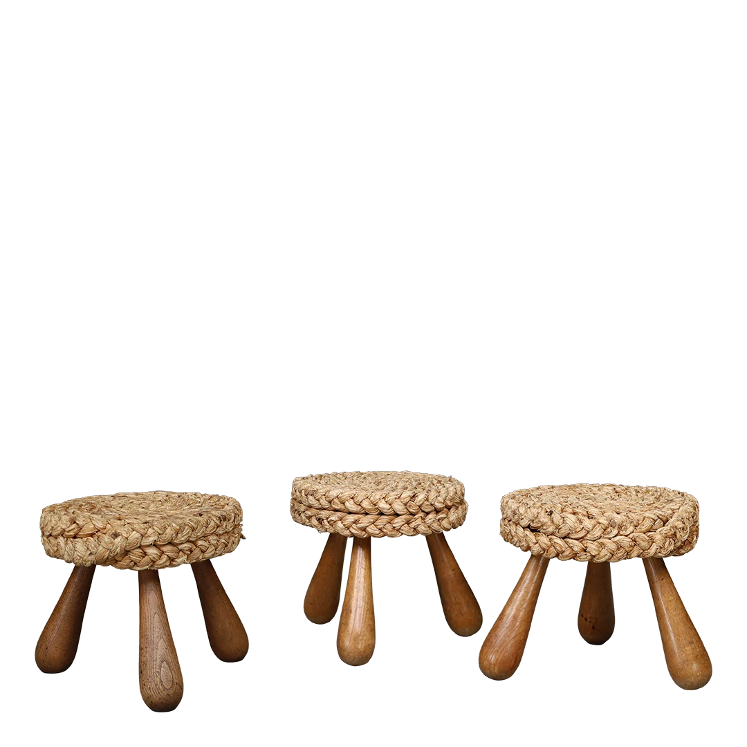 1960s Audoux-Minet : classic braided rope & oakwood stool, France