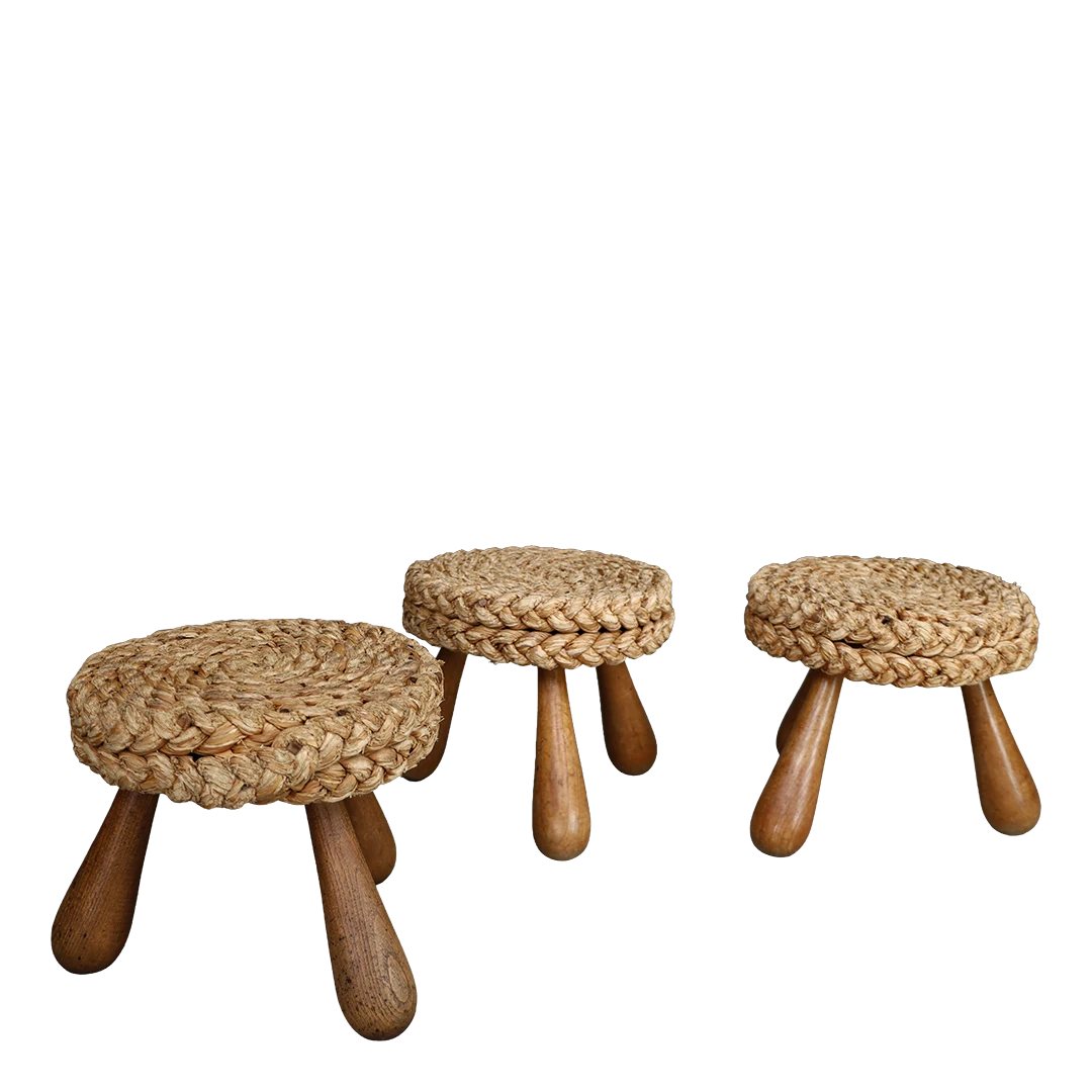 1960s Audoux-Minet : classic braided rope & oakwood stool, France