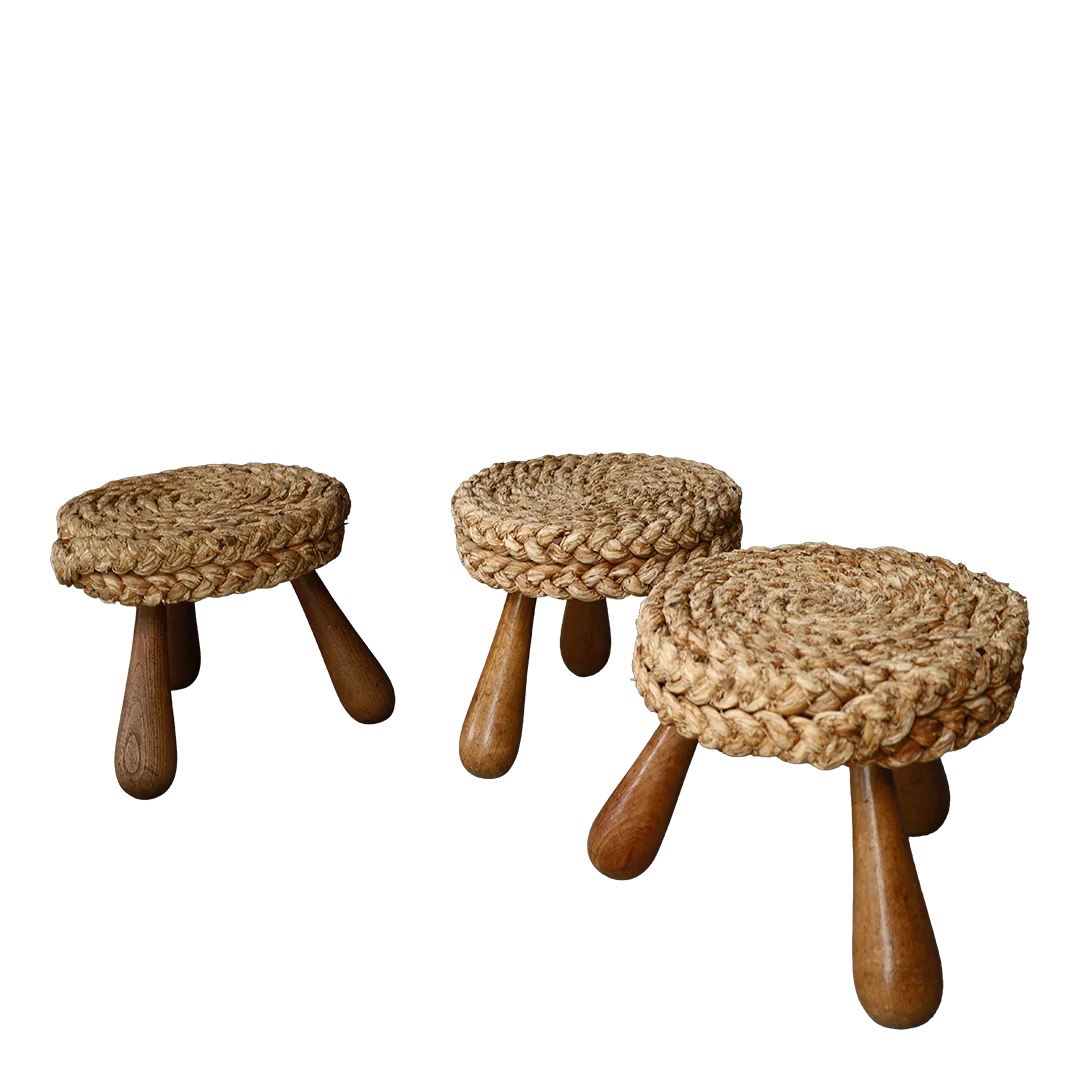 1960s Audoux-Minet : classic braided rope & oakwood stool, France