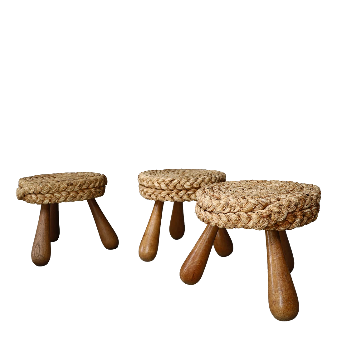 1960s Audoux-Minet : classic braided rope & oakwood stool, France