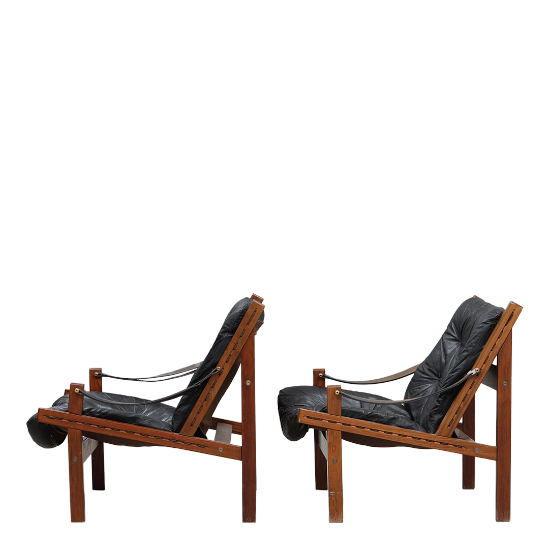 1970s Torbjørn Afdal : pair black leather and solid teakwood "hunter" chairs